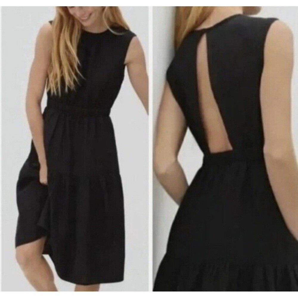 Everlane Black Sleeveless Midi Dress Backless sz 12 Pockets Tiered Linen Cotton